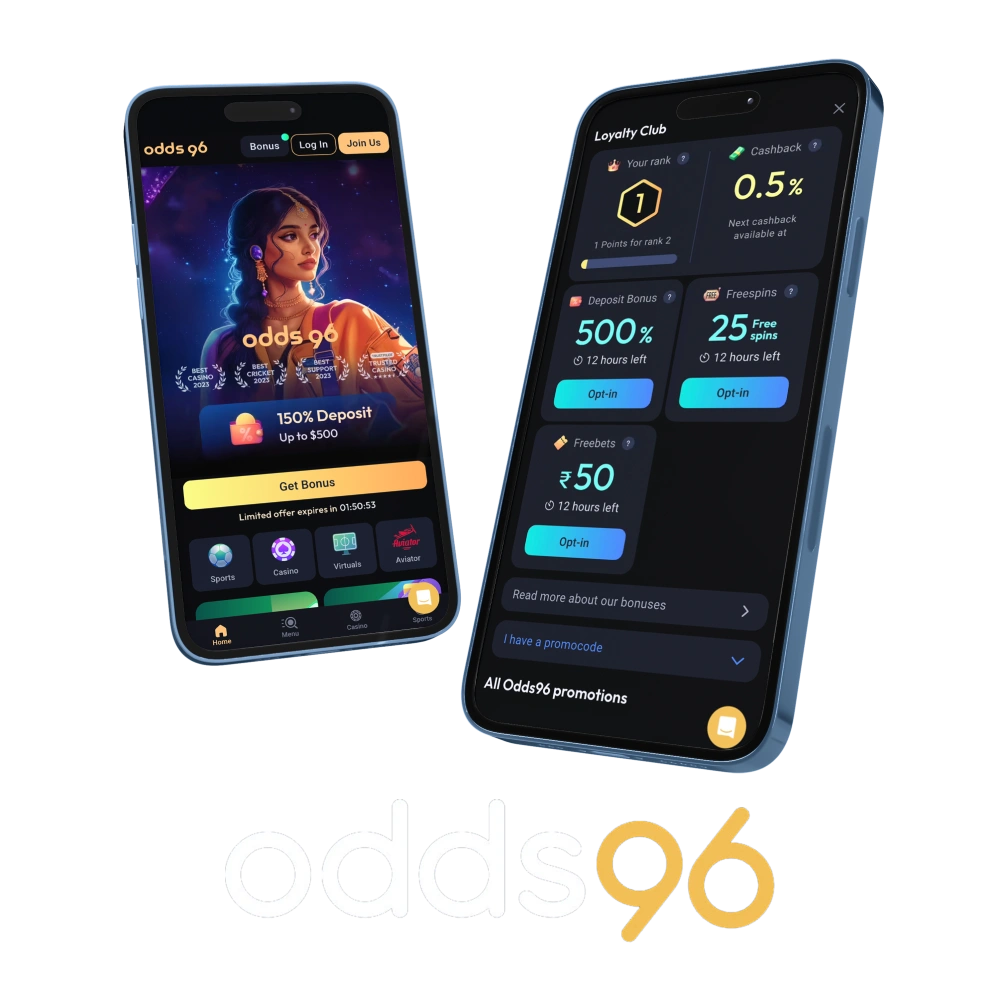 Get the Odds96 app and enjoy the freedom of betting right from your smartphone.
