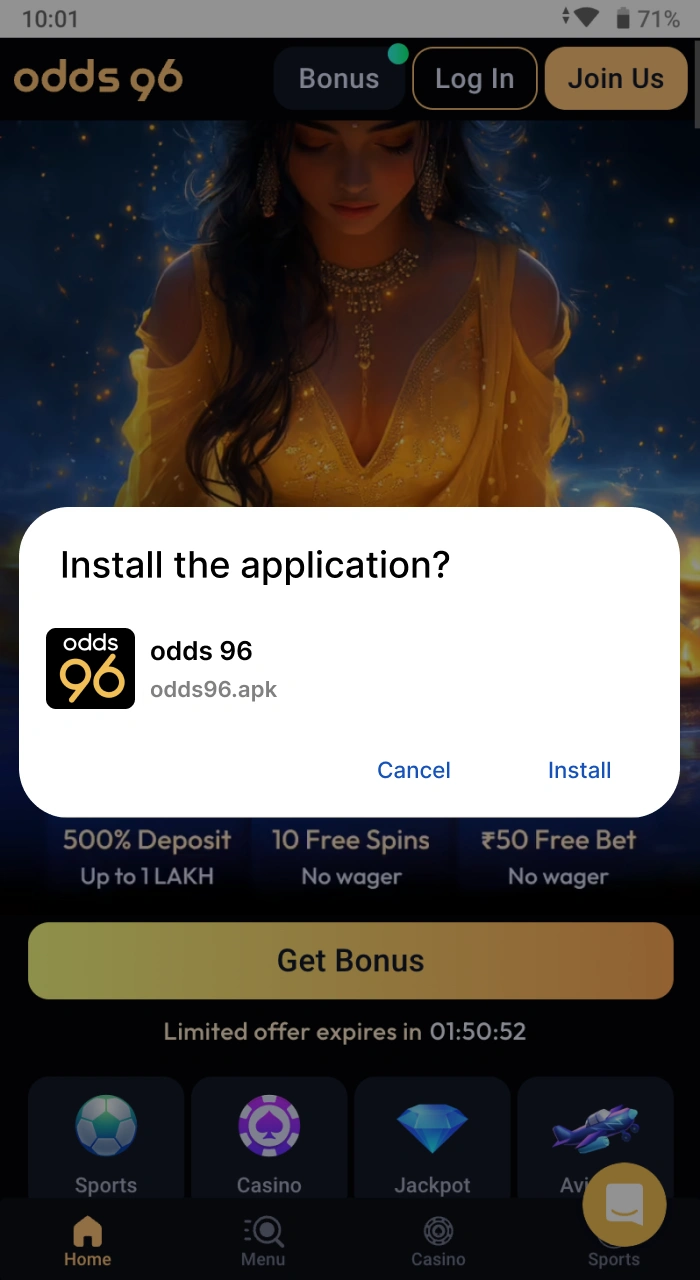 A step-by-step guide on how to install the Odds96 online casino application.
