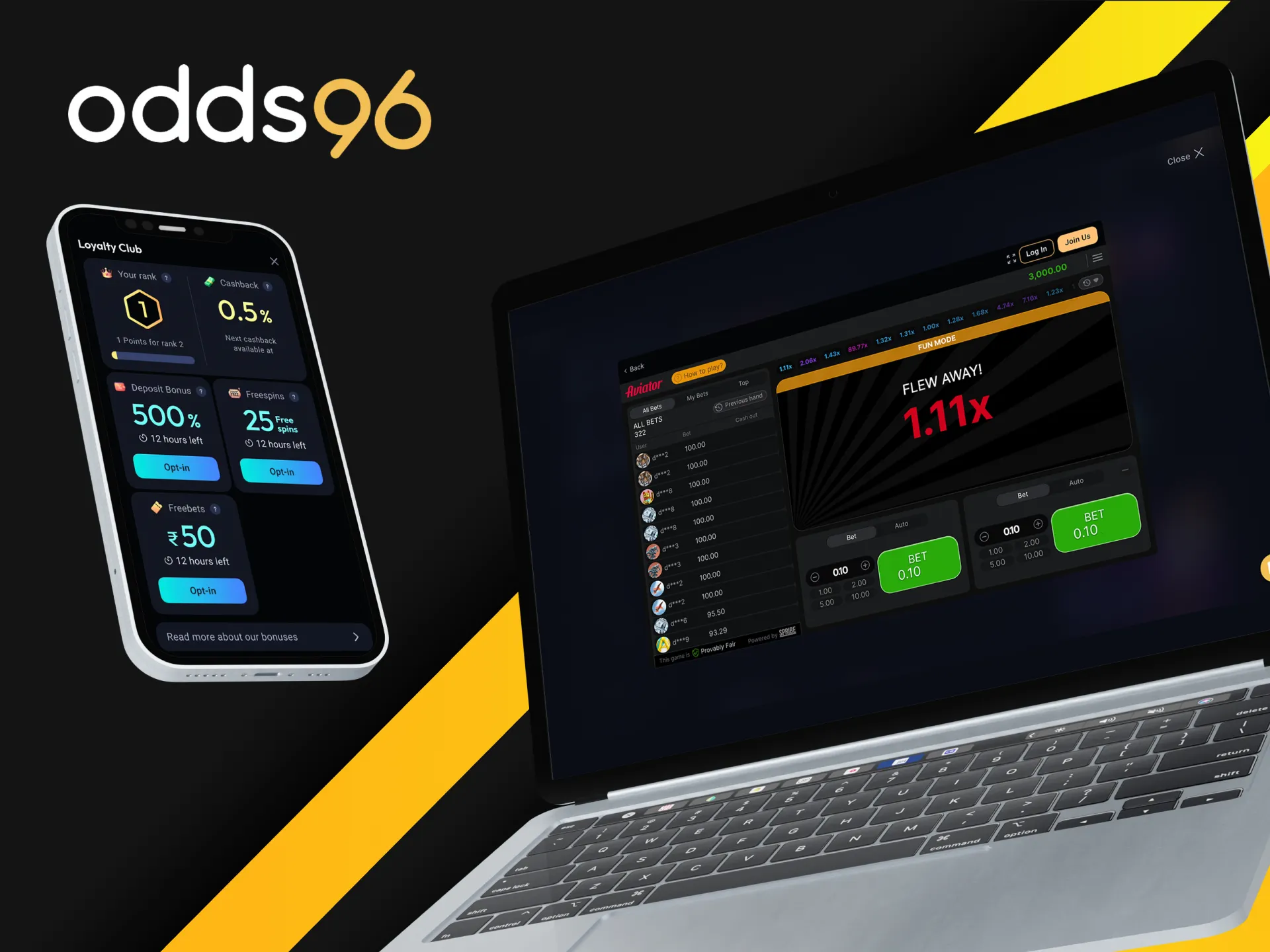 What kind of bonuses are available for those playing Aviator at Odds96?