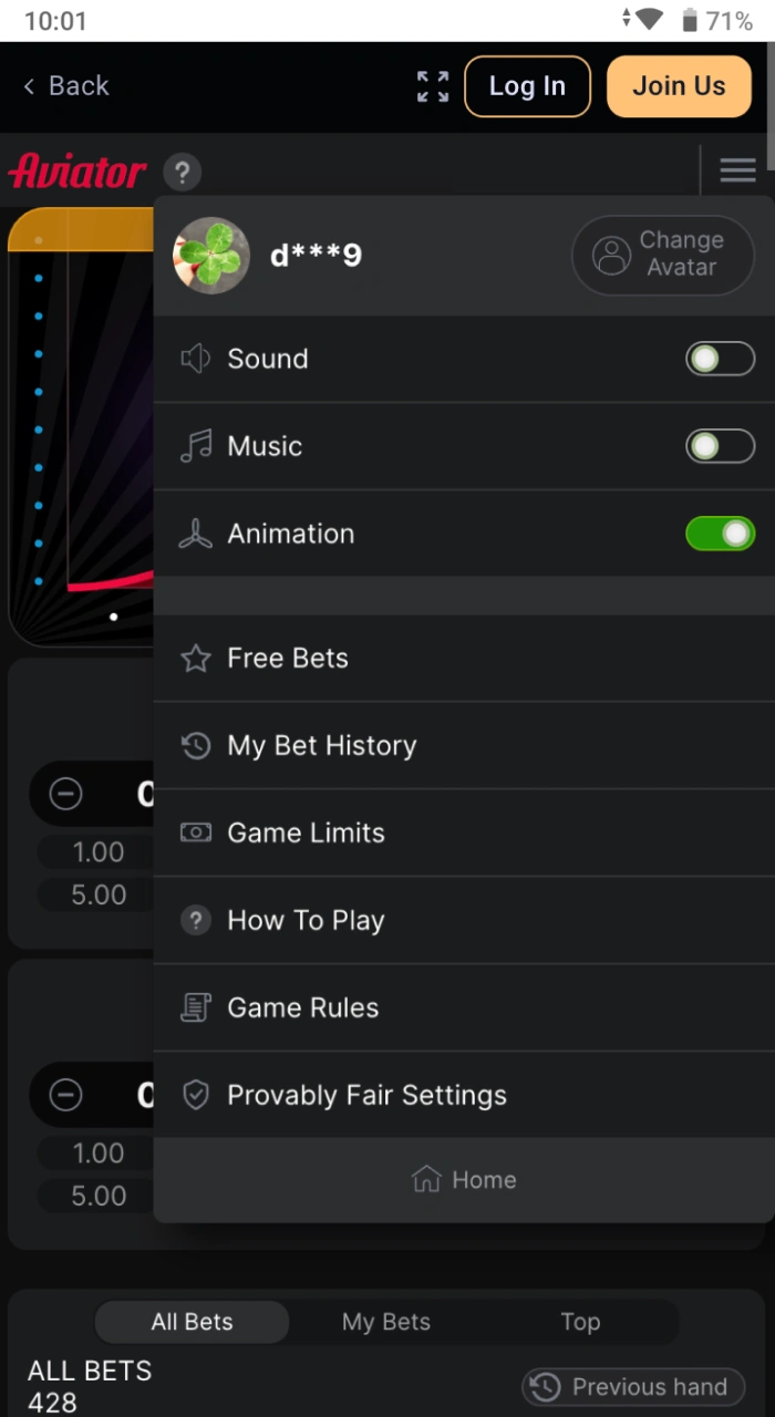 Exploring the available customization and settings within the Odds96 Aviator menu.