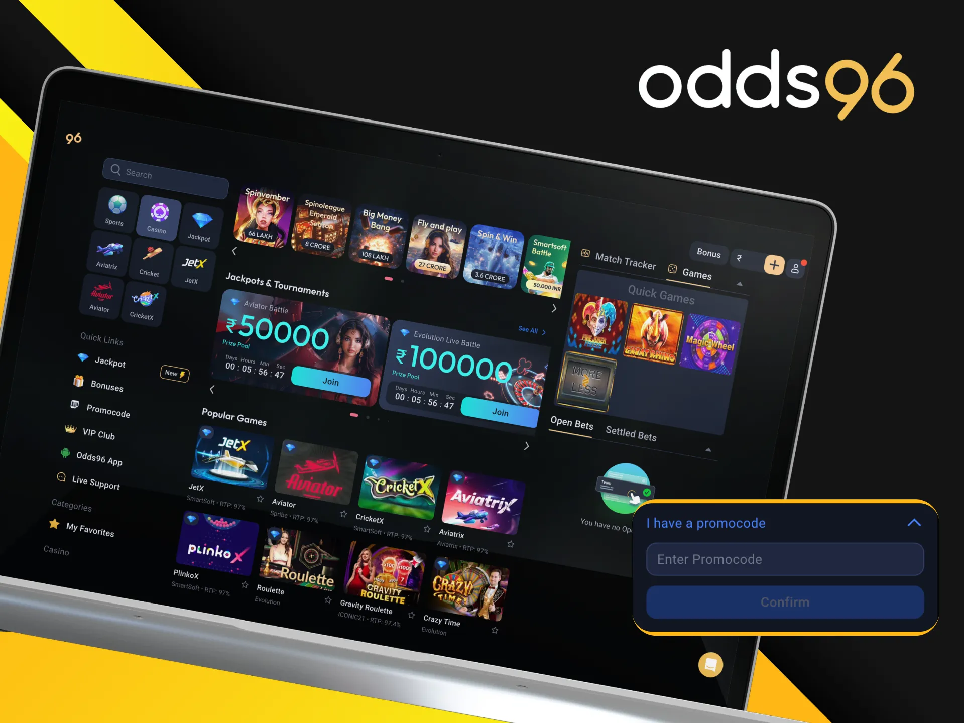 How does the casino-specific promo code work at Odds96?
