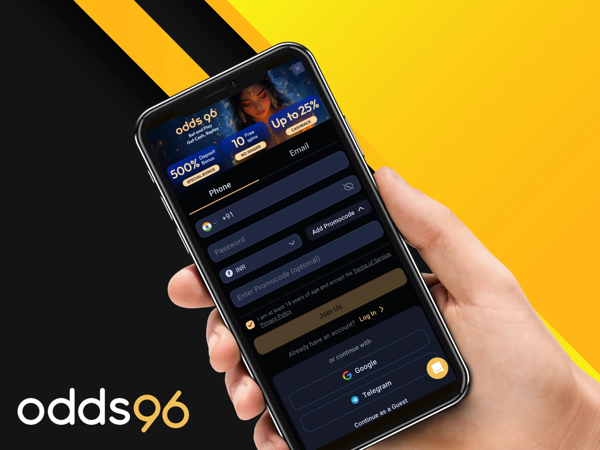 Step-by-step guide on how to activate a promo code at Odds96 online casino.