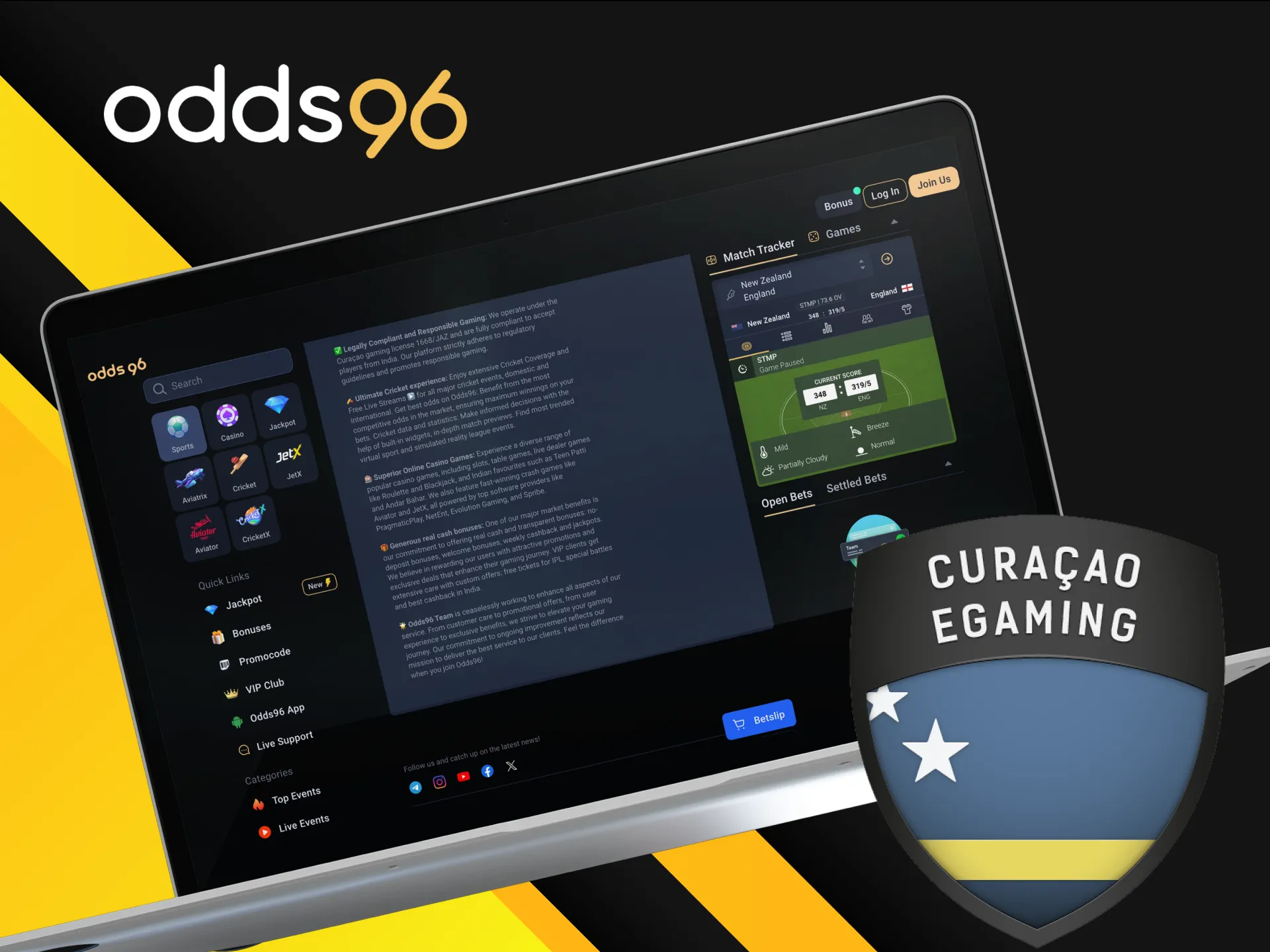 Odds96 Casino is fully licensed by the authorities in Curaçao.