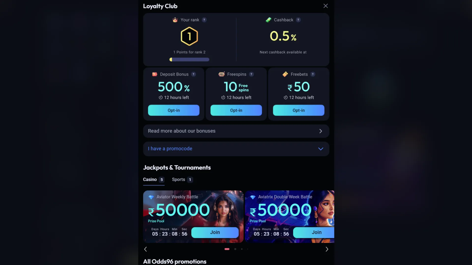 Odds96 provides a variety of lucrative bonuses and rewards that can be applied to both casino play and sports bets.