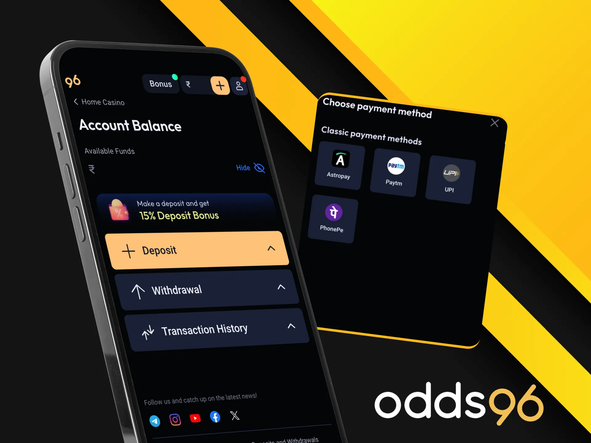 A guide for users on how to cash out winnings using the Odds96 mobile app.
