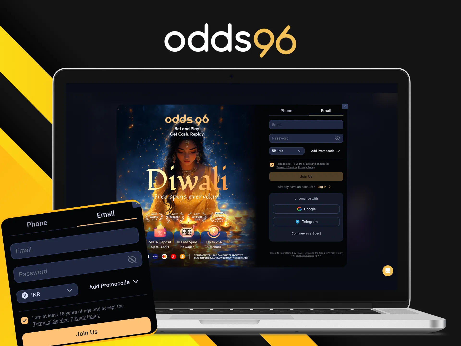 How to create an Odds96 account using an email address.