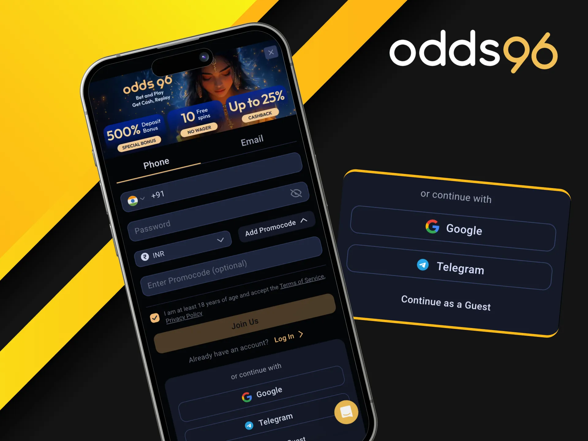 Is it possible to sign up for Odds96 using social media accounts?
