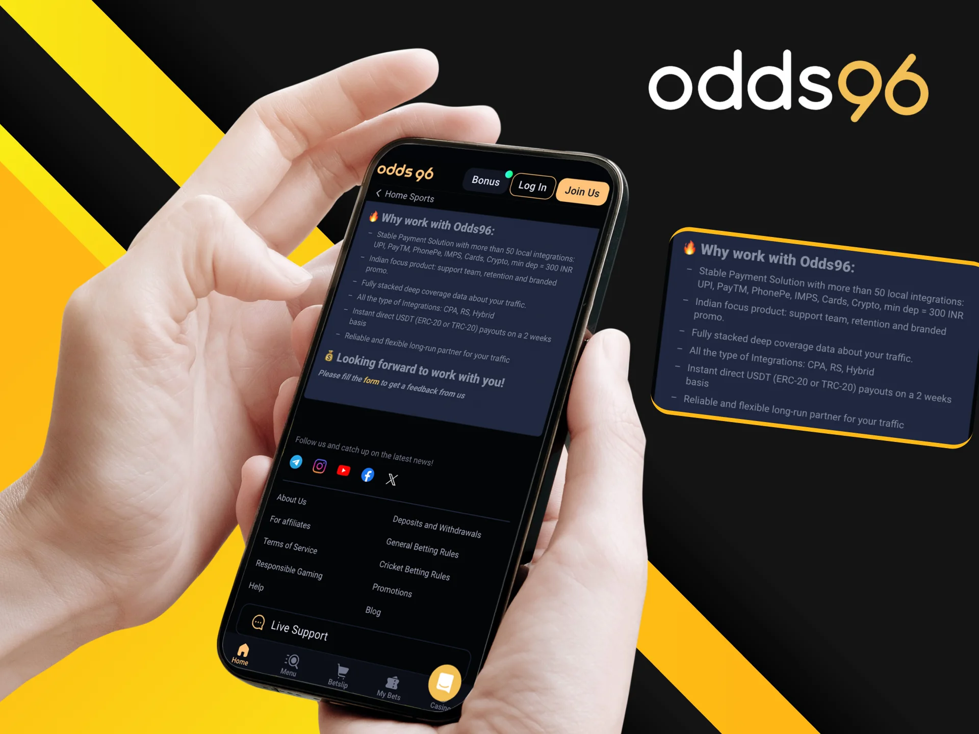 Partnering with the Odds96 online casino comes with a wide array of professional advantages.