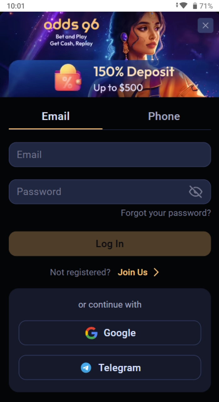 Create an account to unlock the download for the Odds96 online casino app.